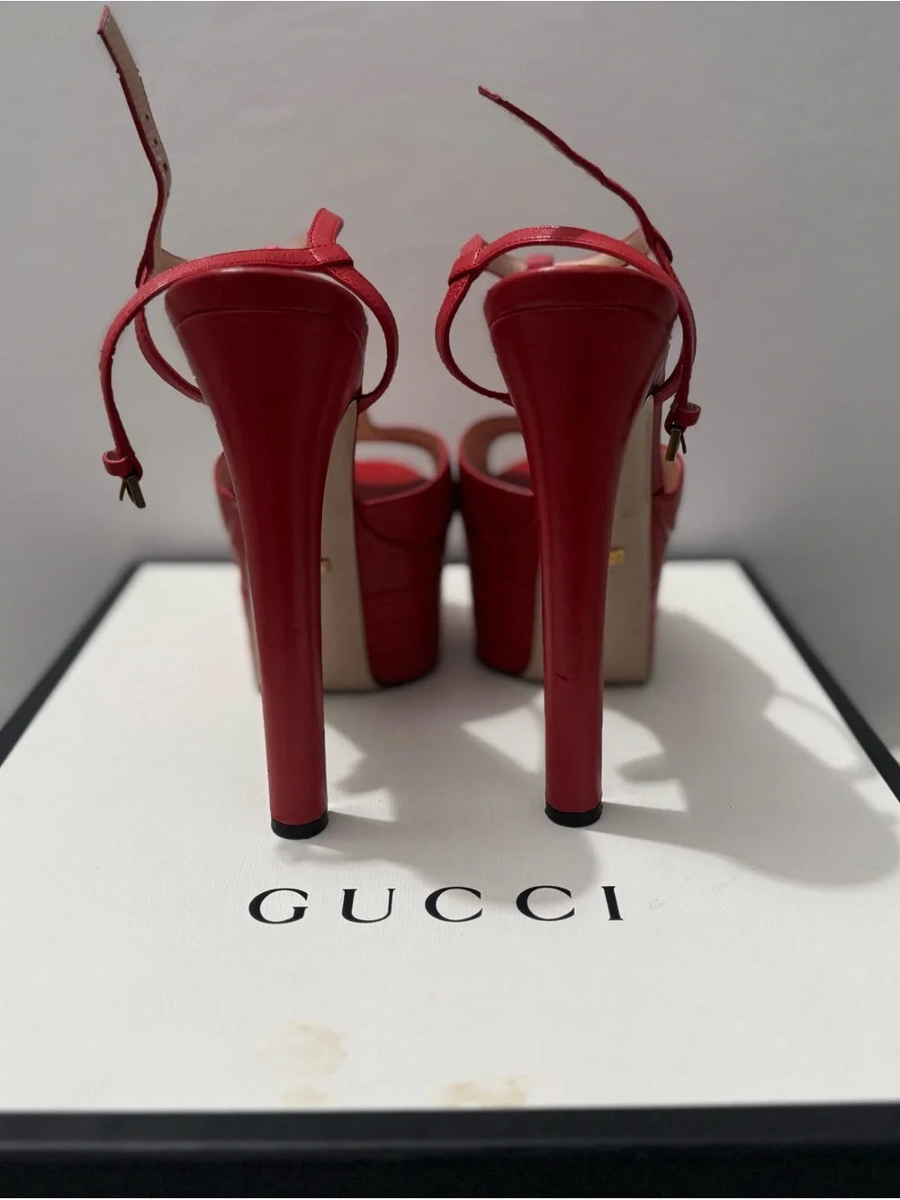 Gucci Red Leather Platform T-Strap Sandals